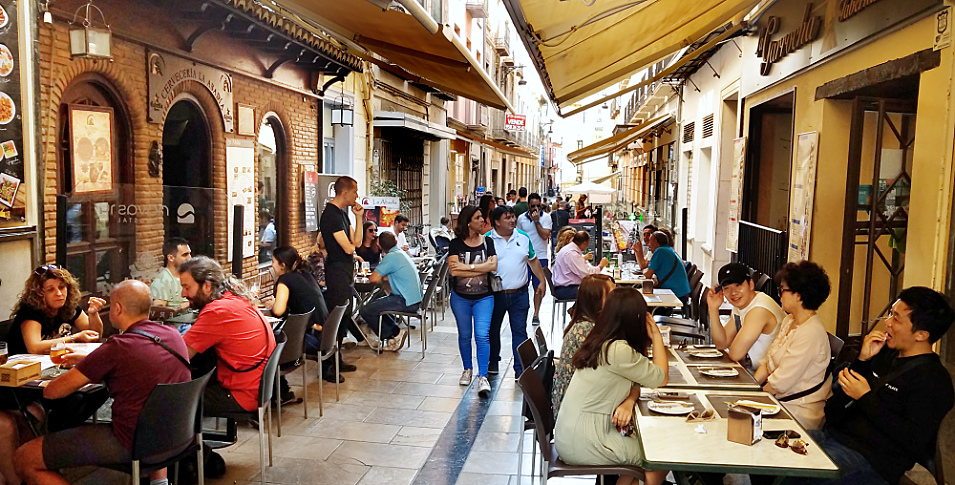 Calle Navas in Granada Spain  features several blocks of restaurants, cafés and bars . Order a drink and you will get a tapa 