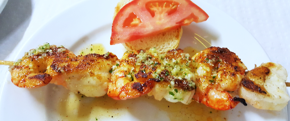 Malaga Spain, Pincho de Marisco...a skewer of grilled shrimp and scallops at Cafeteria Bar Mercado de El Carmen in barrio Perchal.