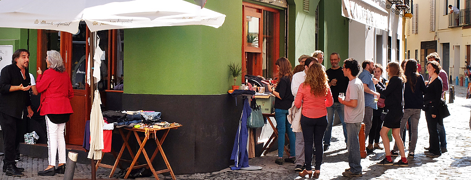 Street Party Sevilla neighborhood bars often serve drinks and tapas to customers outside in the street.
Here neighbors meet on a Saturday afternoon for a street party that could continue into the evening. in Sevilla Spain